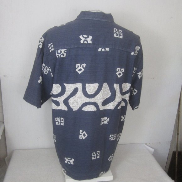 Common Man Dale Waters Men Hawaiian camp shirt p2p 25 L tribal cotton blue vtg - Picture 6 of 8